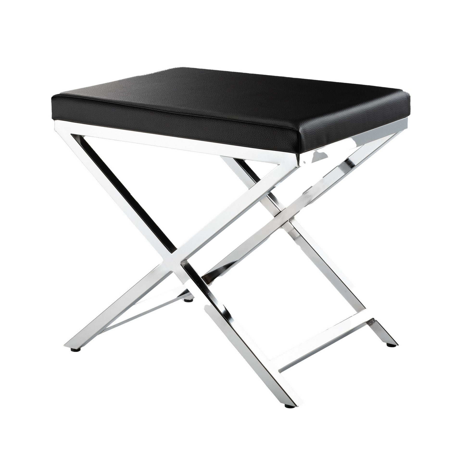 Myra 21 Inch Accent Stool, Black Faux Leather, Chrome Finished Cross Legs By Casagear Home