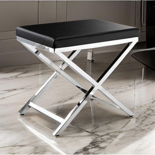 Myra 21 Inch Accent Stool, Black Faux Leather, Chrome Finished Cross Legs By Casagear Home