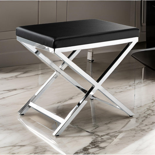 Myra 21 Inch Accent Stool, Black Faux Leather, Chrome Finished Cross Legs By Casagear Home