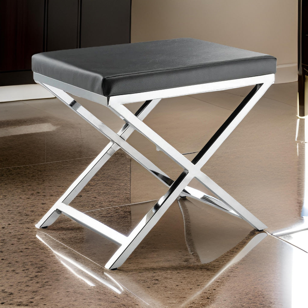 Myra 21 Inch Accent Stool, Gray Faux Leather Seat, Chrome Crossed Legs By Casagear Home