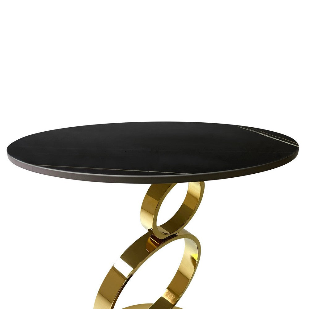 Tiyo 22 Inch Accent End Table Round Sintered Stone Top Black Gold Steel By Casagear Home BM312279