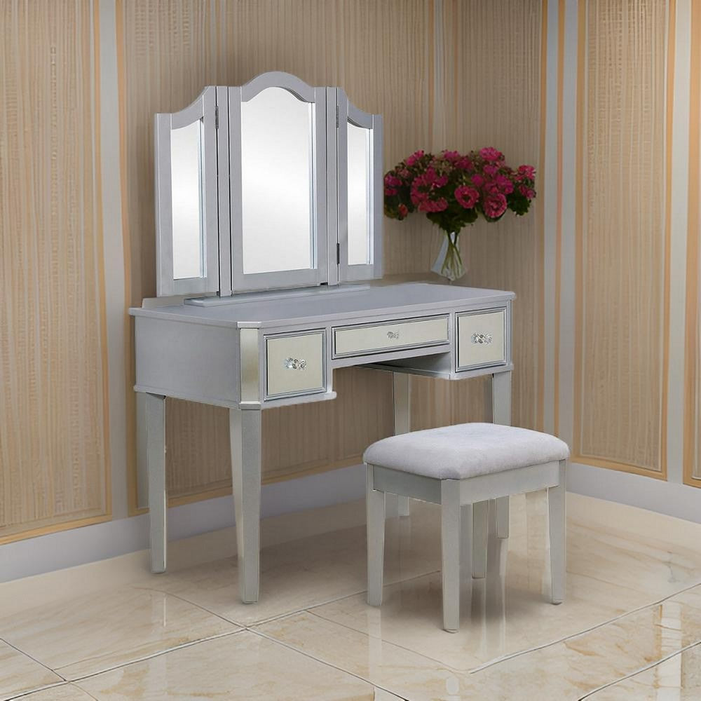 43 Inch Vanity Desk with Stool, Drawers, 3 Sided Mirrors, Silver Wood Frame By Casagear Home