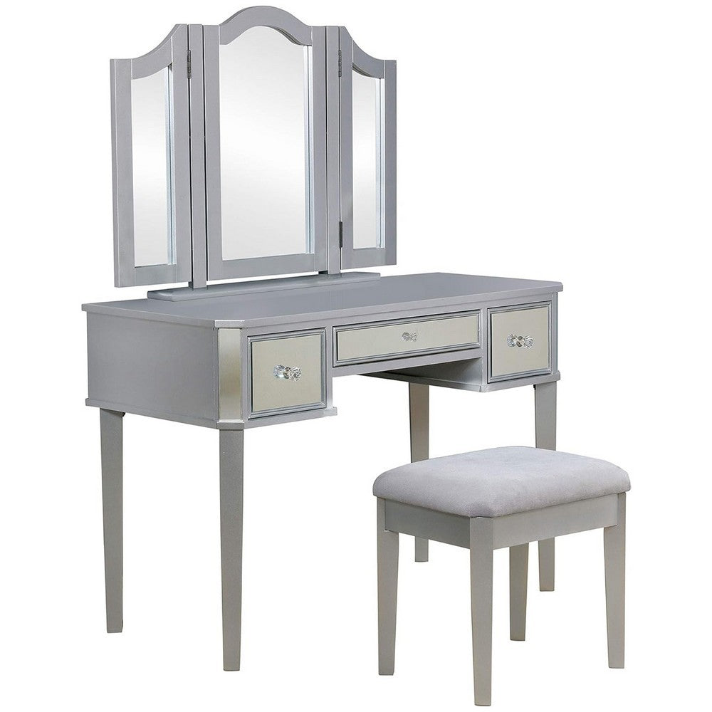 43 Inch Vanity Desk with Stool Drawers 3 Sided Mirrors Silver Wood Frame By Casagear Home BM312288