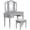 43 Inch Vanity Desk with Stool Drawers 3 Sided Mirrors Silver Wood Frame By Casagear Home BM312288