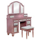 Cole 60 Inch Vanity Desk with Stool, Drawers, 3 Panel Mirror, Pink Wood By Casagear Home