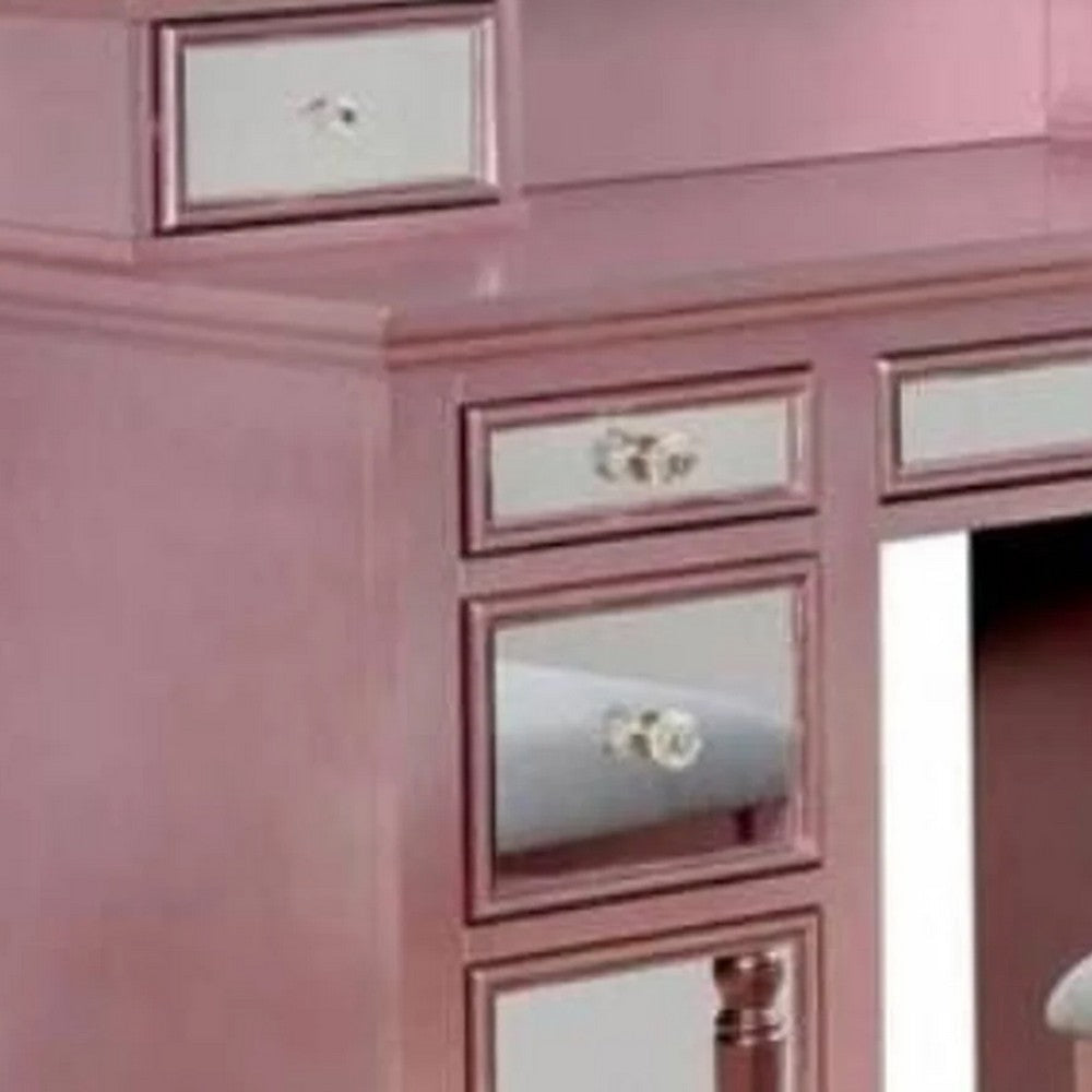 Cole 60 Inch Vanity Desk with Stool Drawers 3 Panel Mirror Pink Wood By Casagear Home BM312289