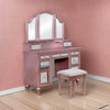 Cole 60 Inch Vanity Desk with Stool Drawers 3 Panel Mirror Pink Wood By Casagear Home BM312289