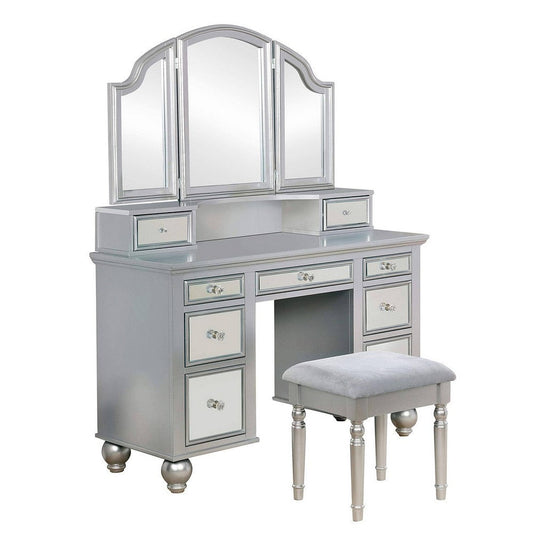 Cole 56 Inch Vanity Desk with Stool, Storage Drawers, Mirrors, Silver Wood By Casagear Home