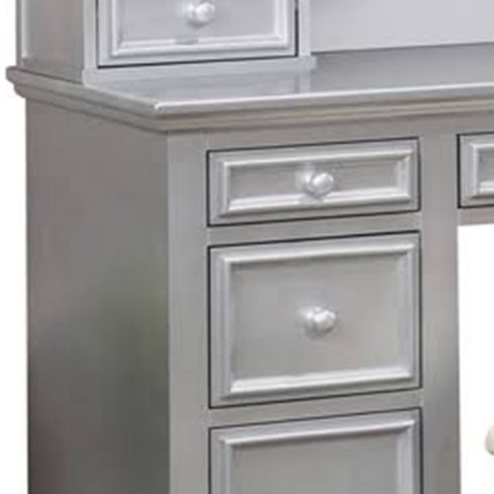 Cael 60 Inch Vanity Desk with Stool Drawers 3 Sided Mirror Silver Wood By Casagear Home BM312294