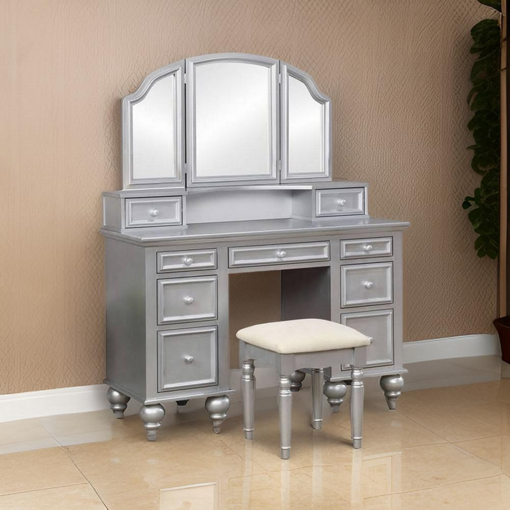 Cael 60 Inch Vanity Desk with Stool Drawers 3 Sided Mirror Silver Wood By Casagear Home BM312294