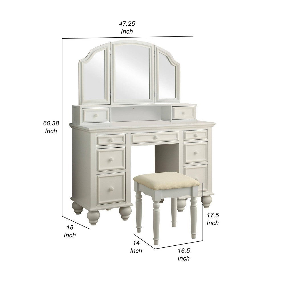 Cael 60 Inch Vanity Desk with Stool Drawers 3 Sided Mirror White Wood By Casagear Home BM312295