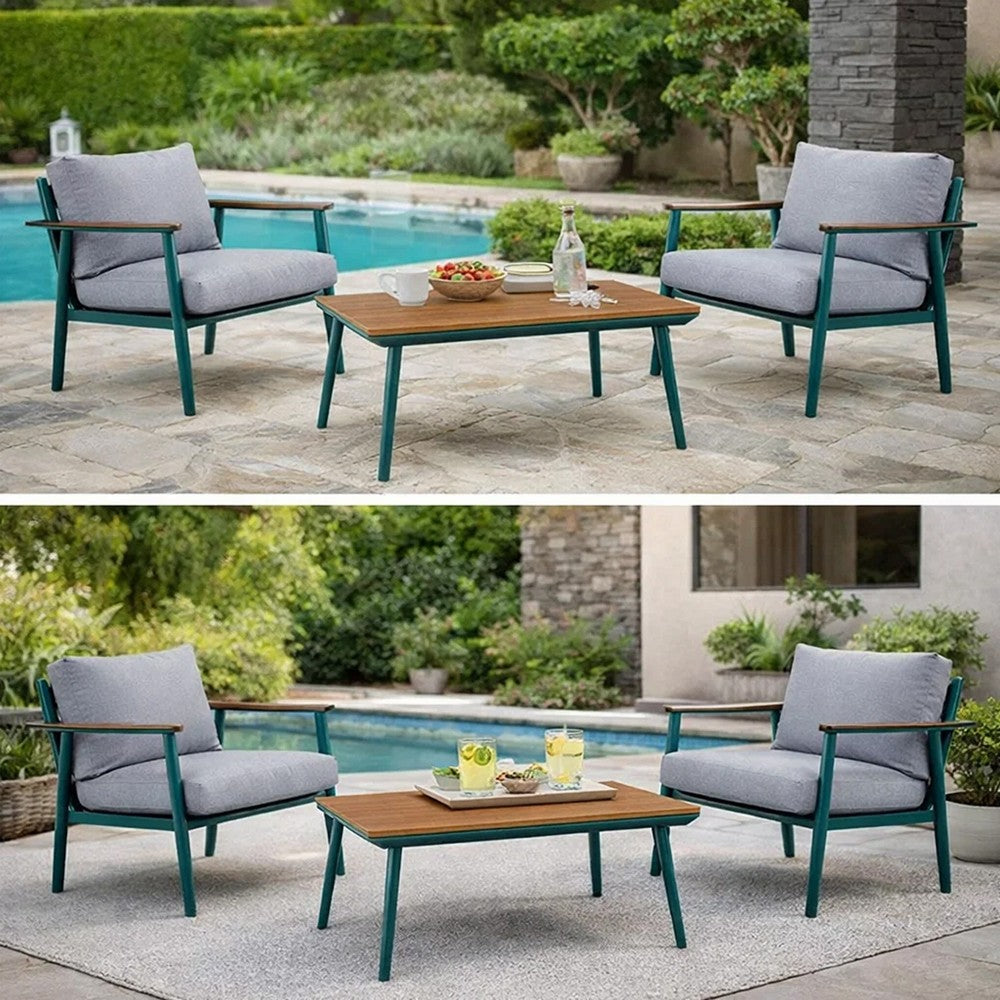 3 Piece Outdoor Coffee Table and Chairs Set, Wood Planks, Gray, Green By Casagear Home