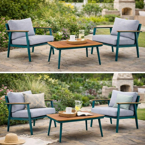 3 Piece Outdoor Coffee Table and Chairs Set, Wood Planks, Gray, Green By Casagear Home