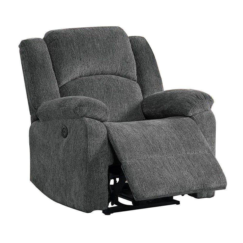 Cerys 40 Inch Power Recliner USB Plush Cushioned Gray Chenille Fabric By Casagear Home BM312305