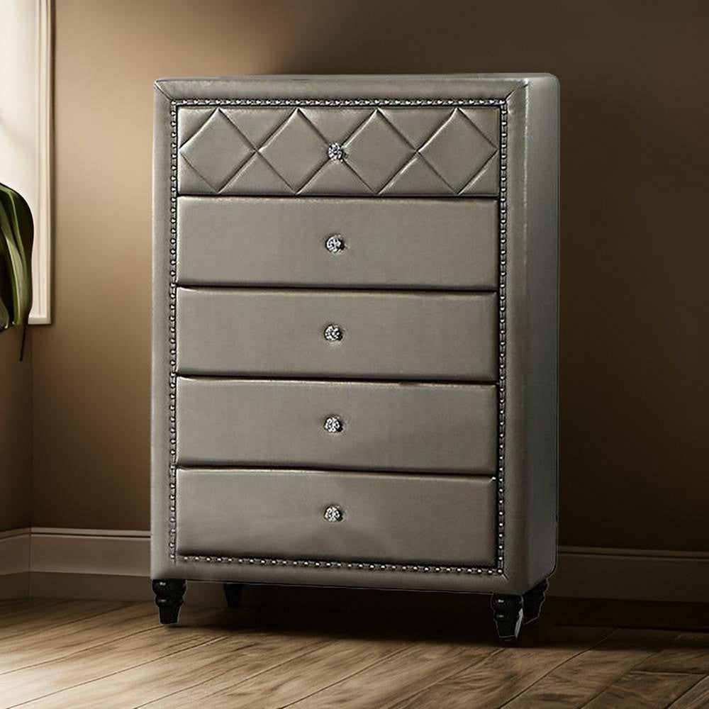 Seth 50 Inch Tall Dresser Chest, 5 Drawers, Solid Wood, Gray Faux Leather By Casagear Home