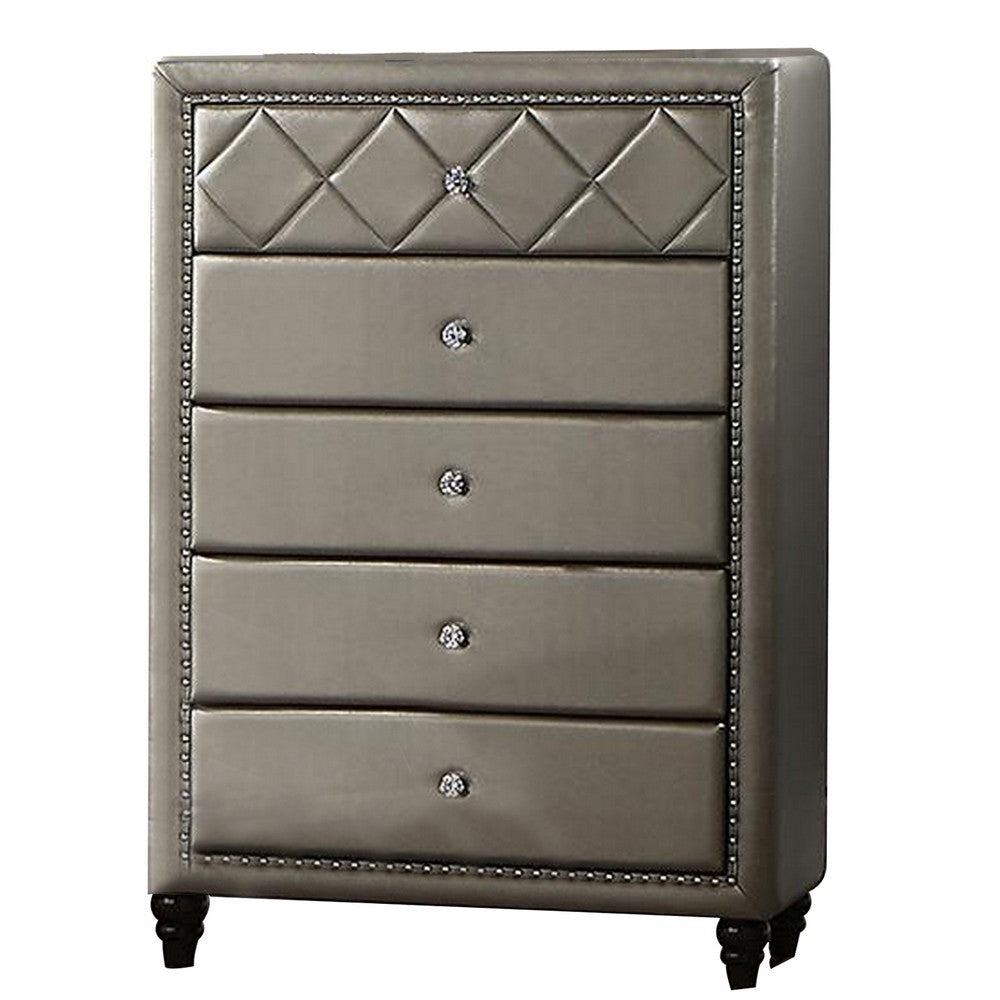 Seth 50 Inch Tall Dresser Chest 5 Drawers Solid Wood Gray Faux Leather By Casagear Home BM312316