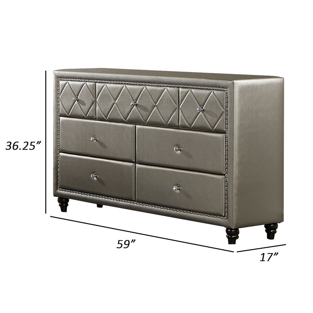 Seth 59 Inch Dresser 7 Drawers Solid Wood Tufted Gray Faux Leather By Casagear Home BM312319