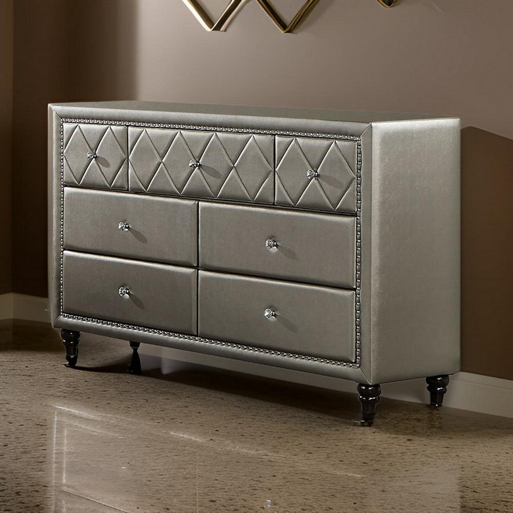 Seth 59 Inch Dresser 7 Drawers Solid Wood Tufted Gray Faux Leather By Casagear Home BM312319