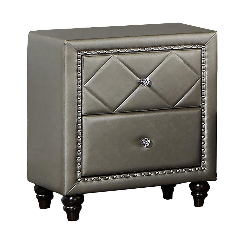 Seth 26 Inch Nightstand, 2 Drawers, Solid Wood, Tufted Gray Faux Leather By Casagear Home