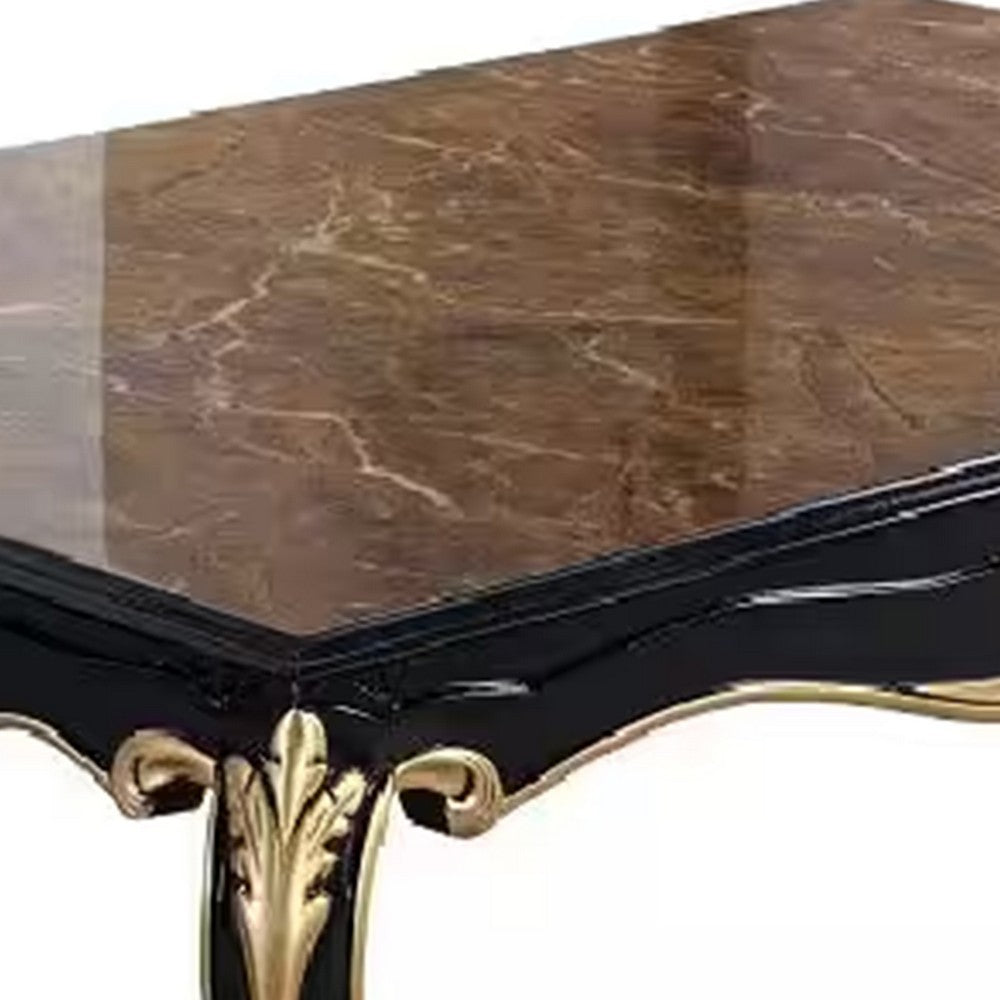 Trix 48 Inch Coffee Table Faux Stone Carved Scrollwork Black and Gold By Casagear Home BM312322