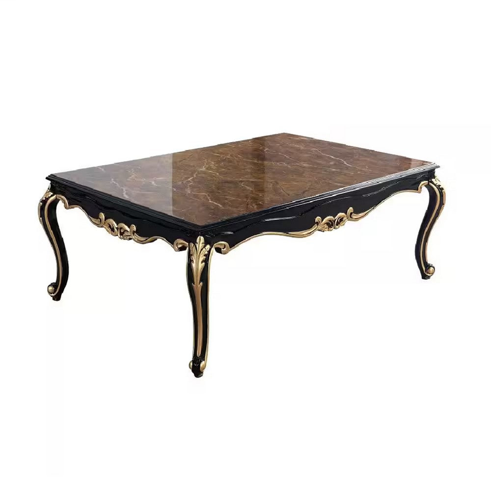 Trix 48 Inch Coffee Table Faux Stone Carved Scrollwork Black and Gold By Casagear Home BM312322