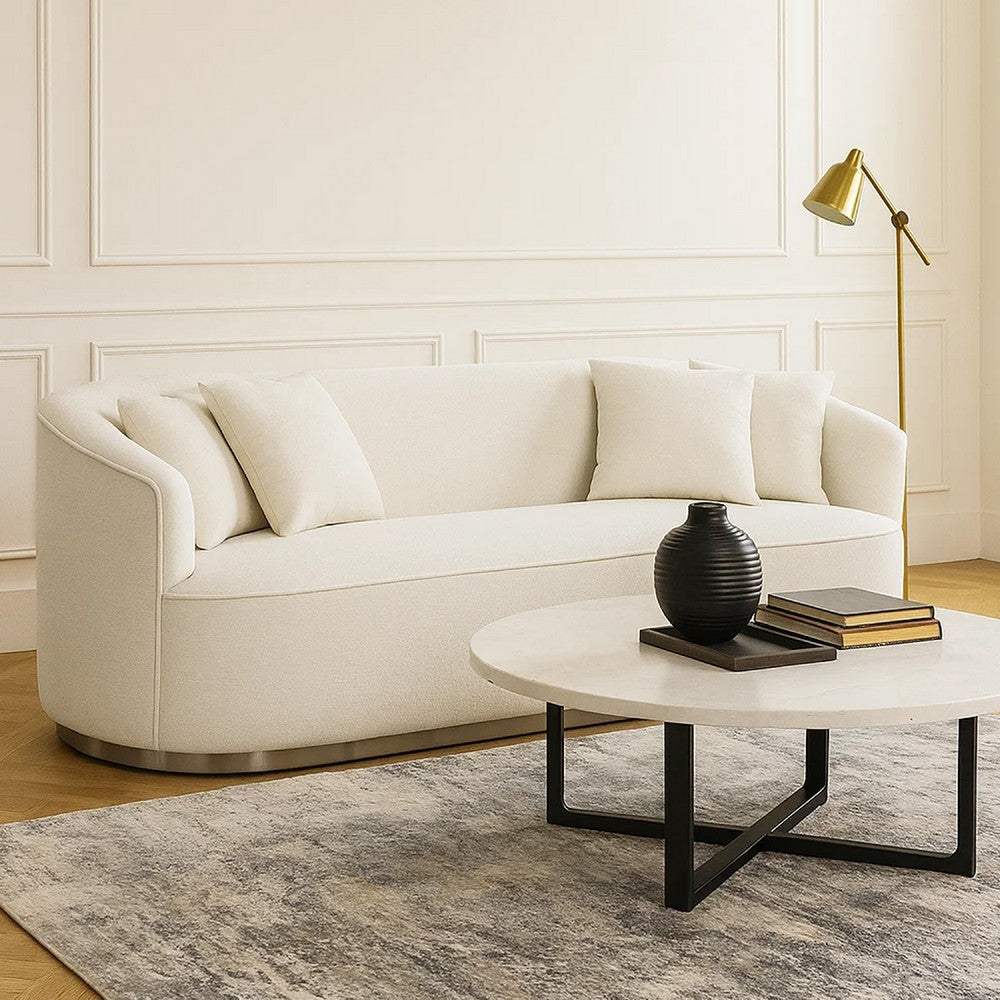 Oggy 83 Inch Sofa, 4 Throw Pillows, Barrel Shape, Soft Beige Chenille By Casagear Home