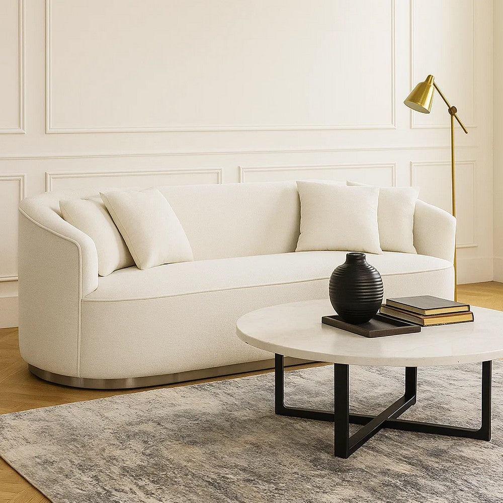 Oggy 83 Inch Sofa, 4 Throw Pillows, Barrel Shape, Soft Beige Chenille By Casagear Home