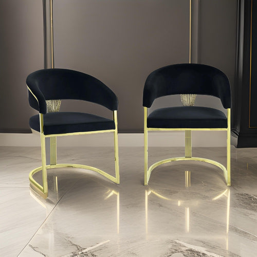 Verie 22 Inch Side Dining Chair, Gold Base, Padded Black Velvet