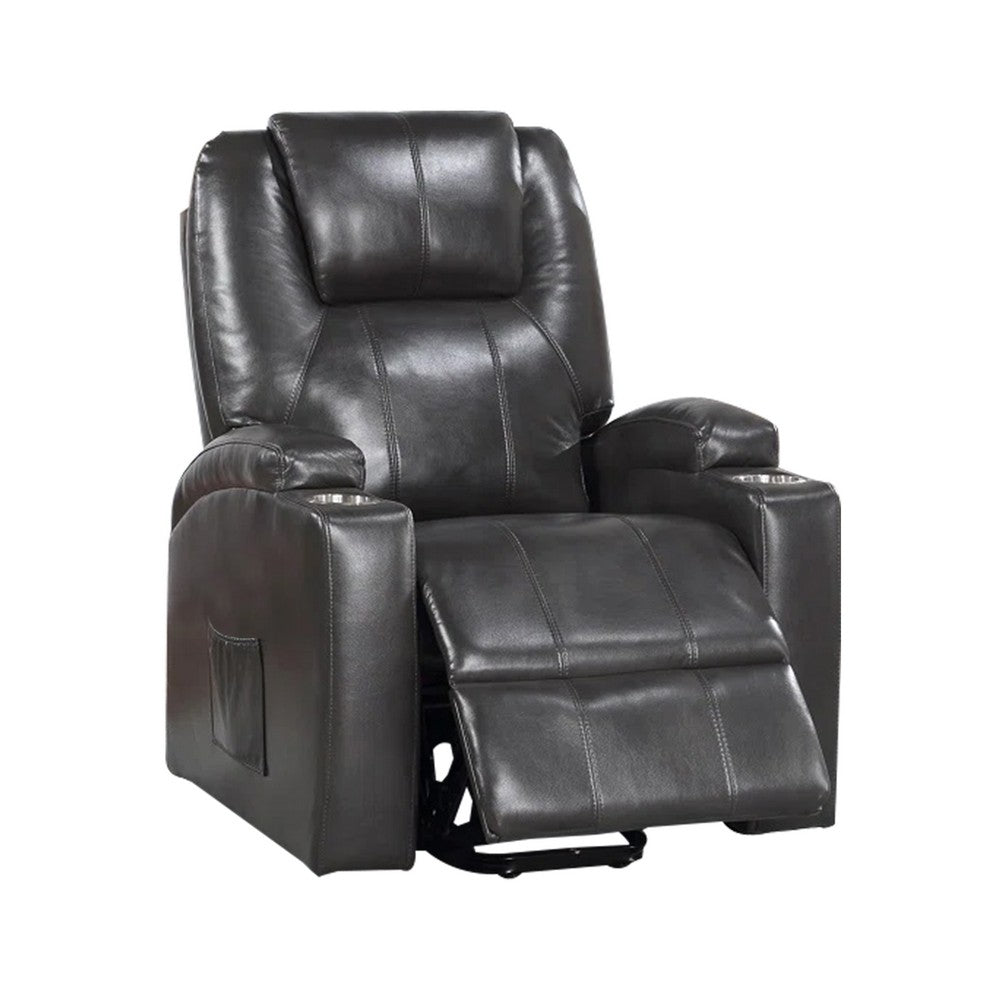 Evans 37 Inch Recliner Chair Power Lift Cupholders Gray Faux Leather By Casagear Home BM312353