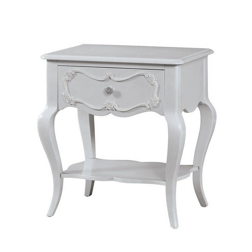 26 Inch Nightstand Table with 1 Drawer Rose Inlay Queen Anne Legs Gray By Casagear Home BM312359