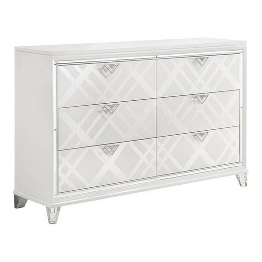 Kyla 66 Inch Wide Dresser, 6 Drawer, Mirror Trim, Clear Legs, White Wood By Casagear Home