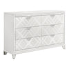 Kyla 66 Inch Wide Dresser, 6 Drawer, Mirror Trim, Clear Legs, White Wood By Casagear Home