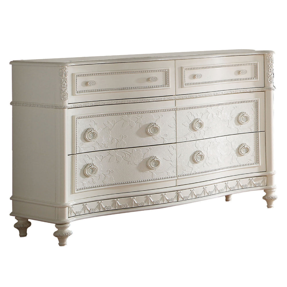 Dorie 54 Inch Wide Dresser, 6 Drawers, Oval Molded Trim, Ivory White Wood By Casagear Home