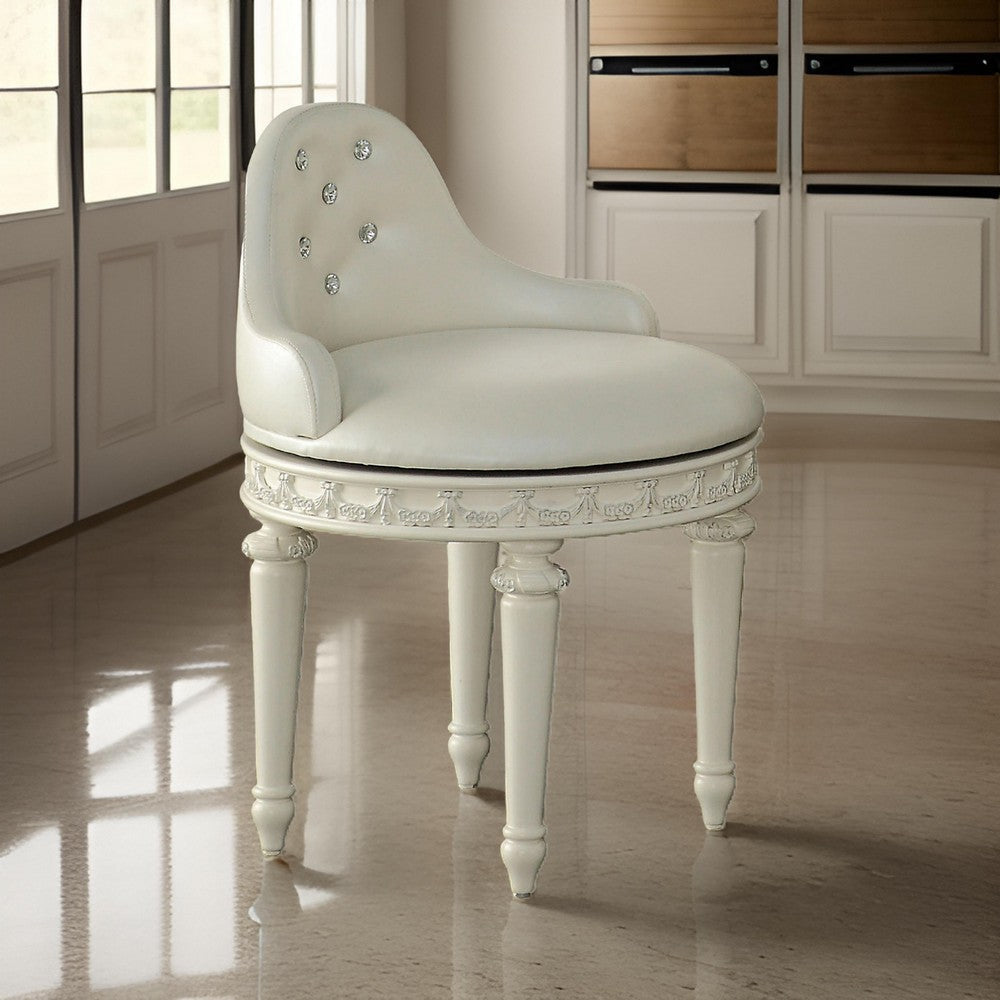 Dorie 21 Inch Swivel Chair Vanity Stool, Low Back, Ivory White Faux Leather By Casagear Home