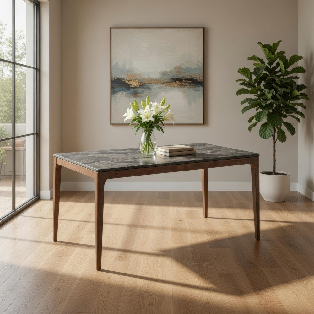 Evis 63 Inch Dining Table, Marble Grain Faux Stone Top, Walnut Brown Wood By Casagear Home