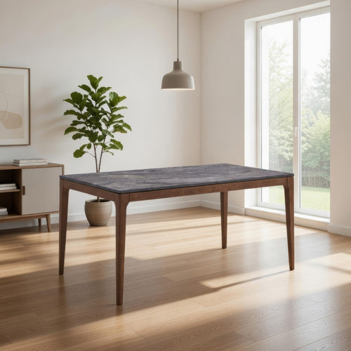 Evis 63 Inch Dining Table, Marble Grain Faux Stone Top, Walnut Brown Wood By Casagear Home