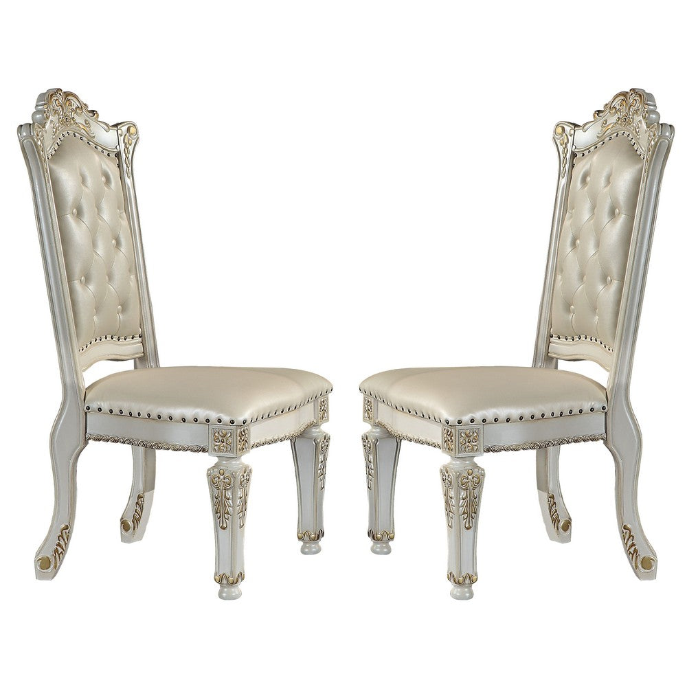 Doe 27 Inch Side Dining Chair Set of 2 Nailhead Tufted White Faux Leather By Casagear Home BM312387