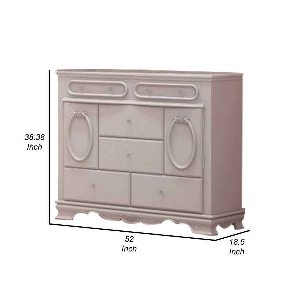 Auri 52 Inch Wide Dresser 6 Drawer Molded Trim Floral Motifs White Wood By Casagear Home BM312389