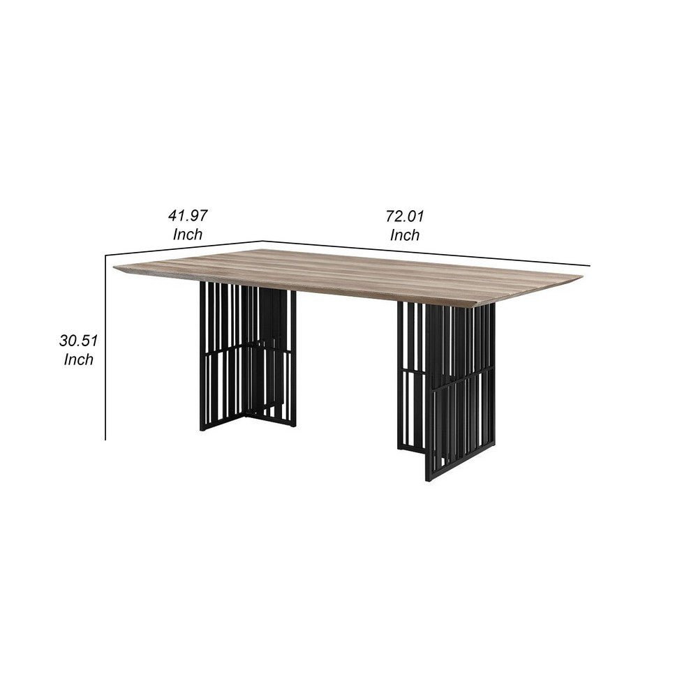 Nori 72 Inch Dining Table, Distressed Brown Top, Black Metal Slatted Base By Casagear Home