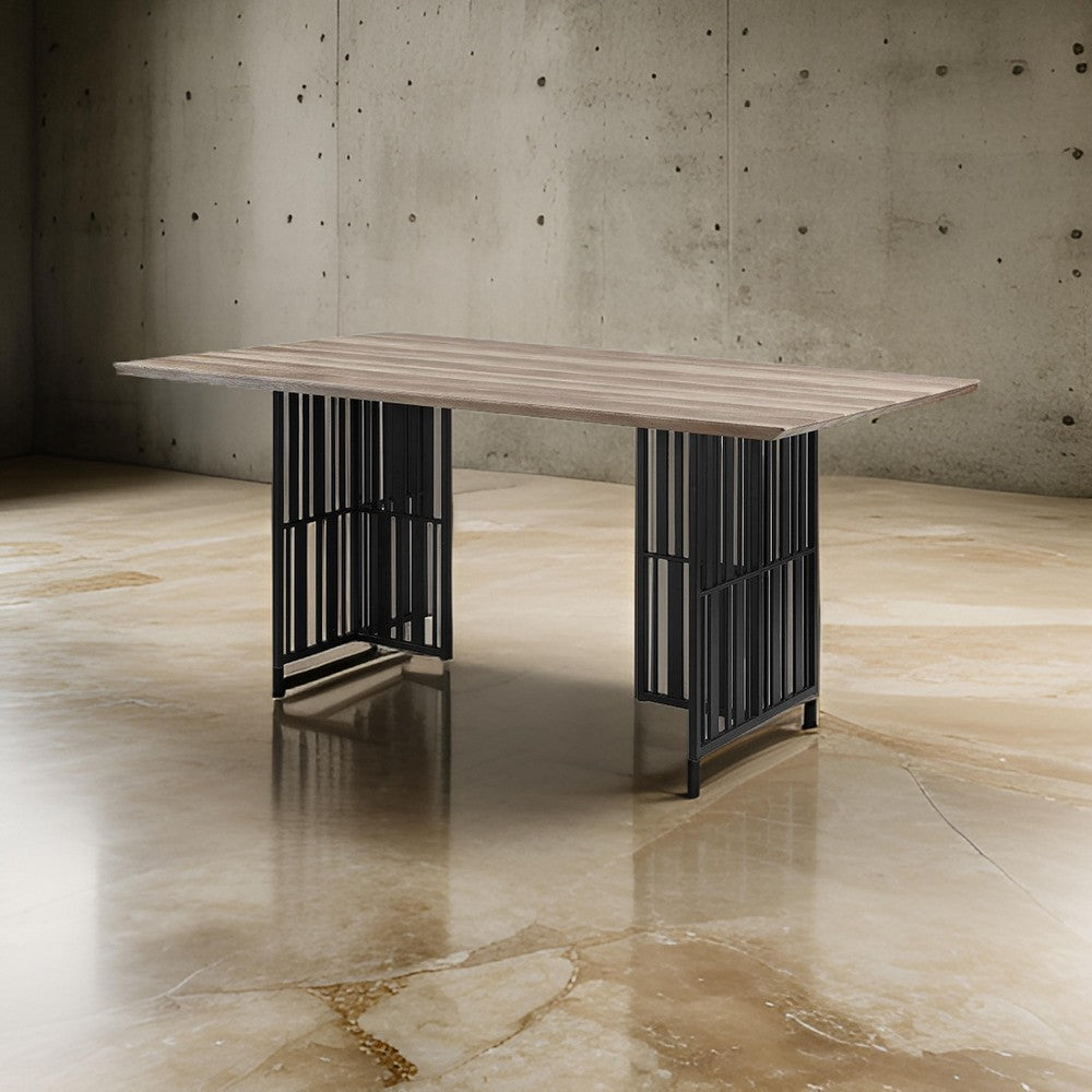 Nori 72 Inch Dining Table, Distressed Brown Top, Black Metal Slatted Base By Casagear Home