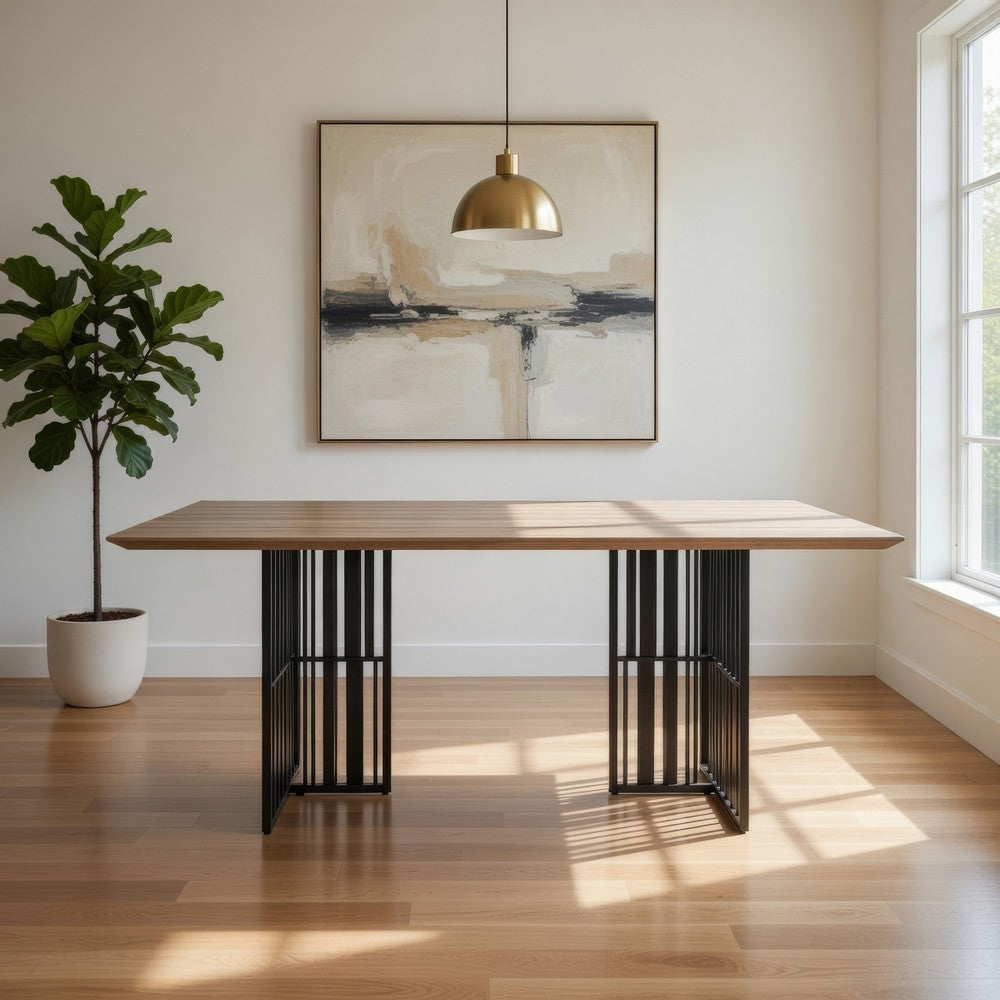 Nori 72 Inch Dining Table, Distressed Brown Top, Black Metal Slatted Base By Casagear Home