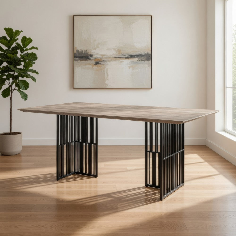 Nori 72 Inch Dining Table, Distressed Brown Top, Black Metal Slatted Base By Casagear Home