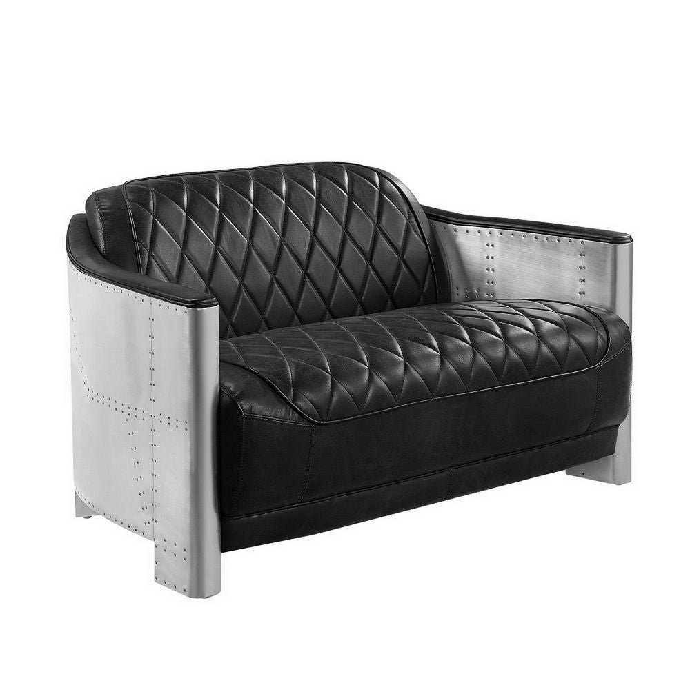 Filia 50 Inch Loveseat Black Top Grain Leather Upholstery Gray Metal By Casagear Home BM312398