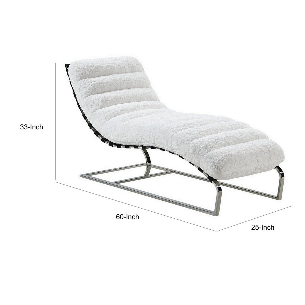 60 Inch Chaise Lounger White Teddy Sherpa Upholstery Stainless Steel Legs By Casagear Home BM312403