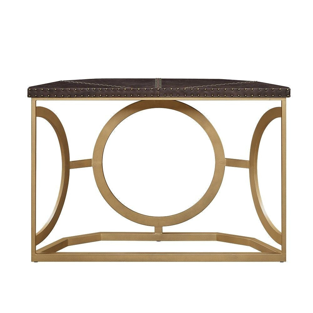 50 Inch Console Table Leather Upholstered Top Nailhead Trim Wood Gold By Casagear Home BM312405