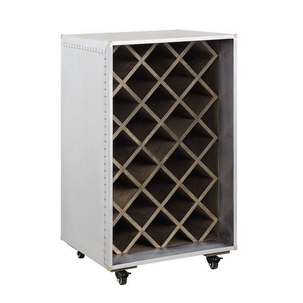 35 Inch Wine Cabinet Nailhead Trim Caster Wheels Silver Aluminium Finish By Casagear Home BM312406