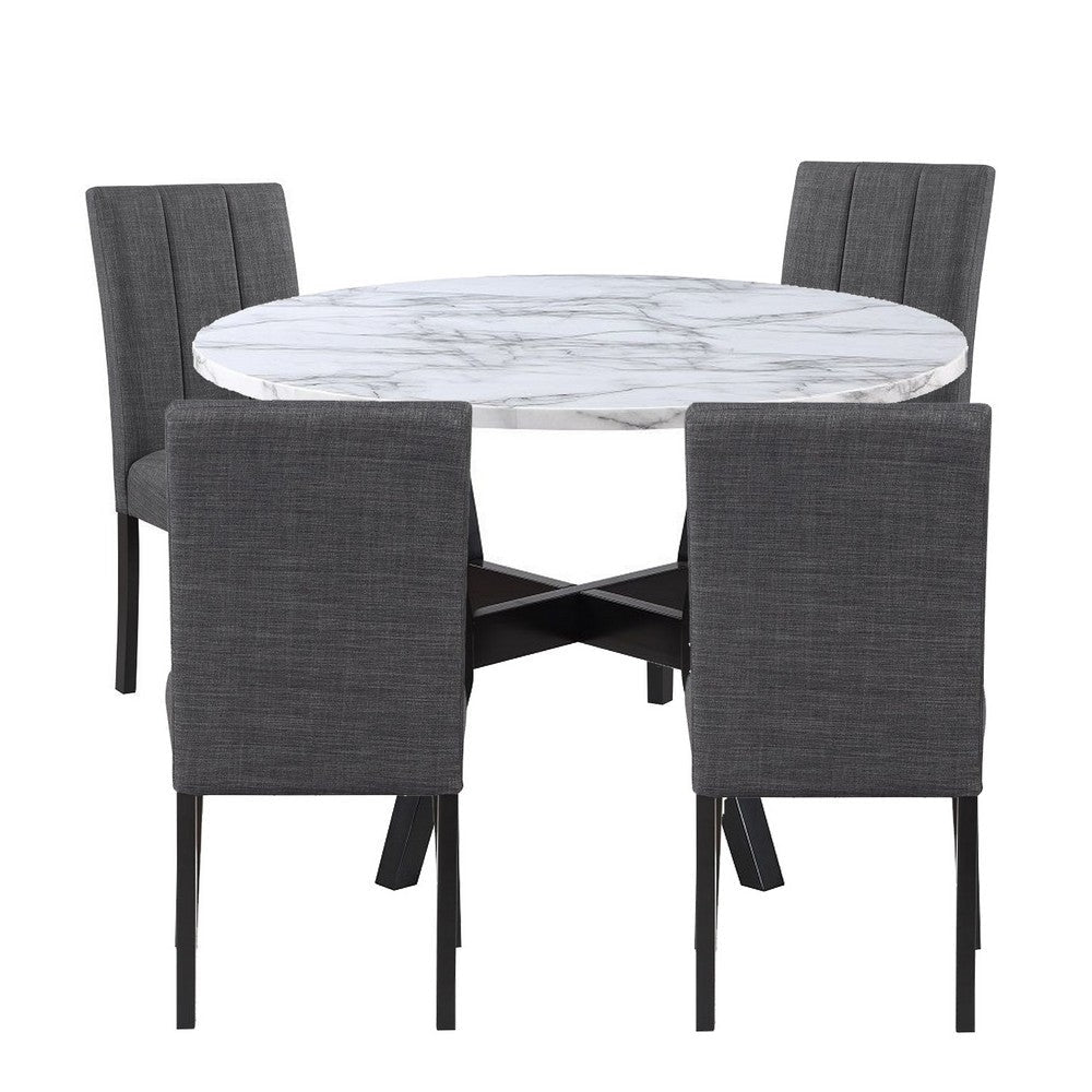 5 Piece Dining Table and Chairs Set Black Wood Fabric Faux Stone Top By Casagear Home BM312407