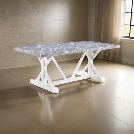 Joyce 78 Inch Dining Table, Modern Faux Stone Top, White Finished Wood Base By Casagear Home