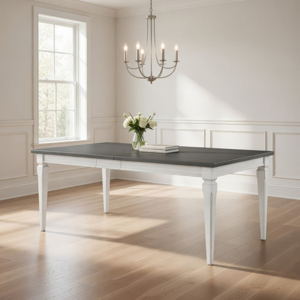 Kate 72-90 Inch Dining Table, Gray Extendable Rectangular Top, White Wood By Casagear Home