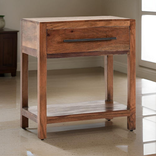 24 Inch Side End Table, 1 Drawer, Iron Handle, Natural Brown Mango Wood By Casagear Home